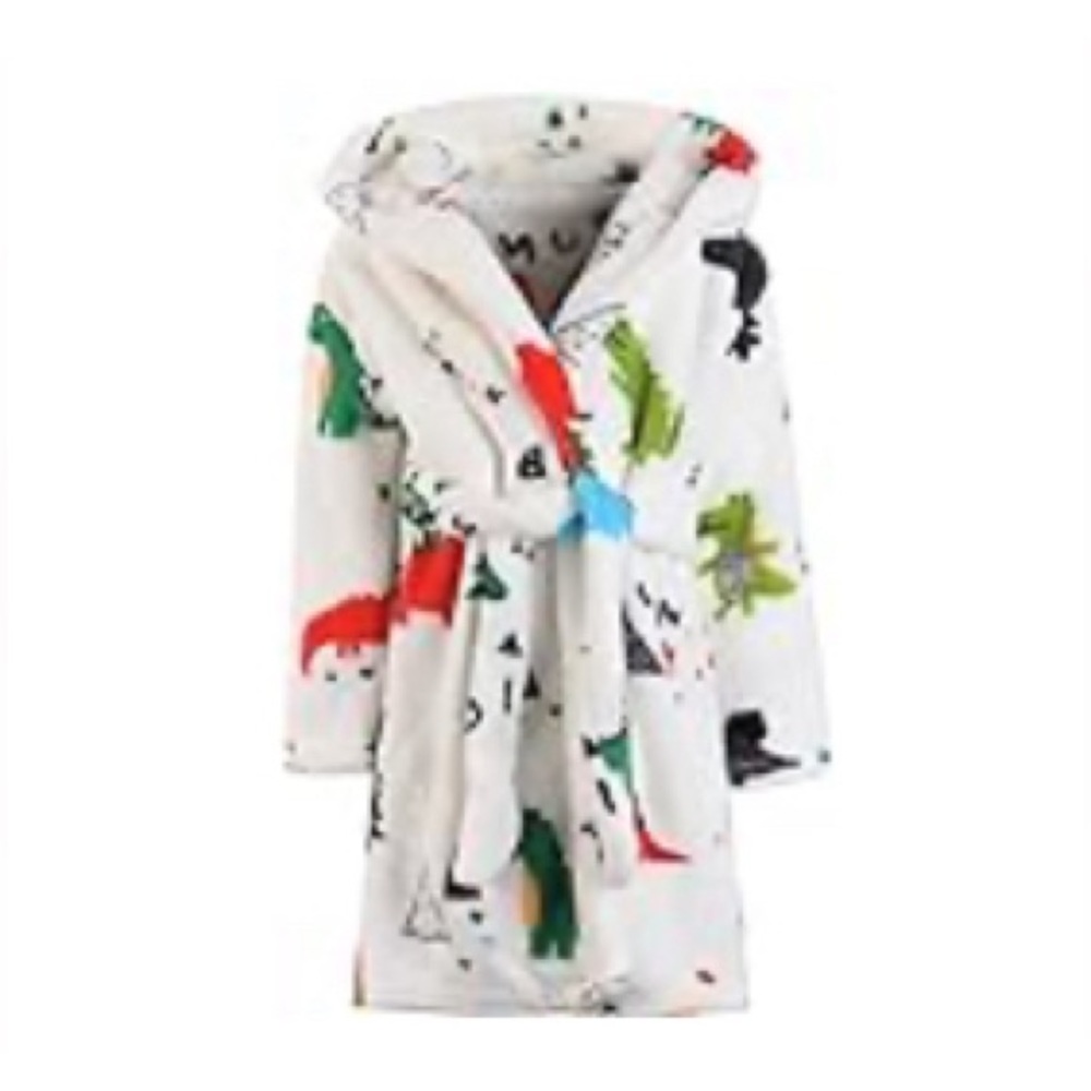 Kids Hooded Bath Robe with Colorful Dinosaur Print - White